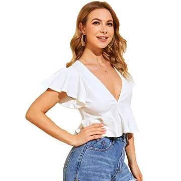 Verdusa Women's Deep V Neck Flutter Sleeve Ribbed Peplum Top Crop Blouse