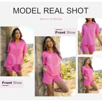 Dokotoo 2 Piece Outfits for Women Fashion Lounge Sets 2024 Summer Sexy Two Piece Solid Textured V Neck Polo Shirts and High Waist Shorts Pants with Pockets Ladies Vacation Tracksuits Rose S