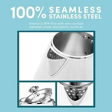 Elite Gourmet EKT-1203W 1350W Double Wall Insulated Cool Touch Electric Water Tea Kettle, BPA Free Stainless Steel Interior and Auto Shut-Off