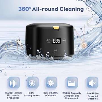 Ultrasonic Retainer Cleaner, FTCIRA 30W Professional Ultrasonic Jewelry Cleaner, 45kHz 230ML Portable Cleaner Machine for Dentures, Aligner, Braces, Mouth Guards, Shaver Head, Jewelry, Black