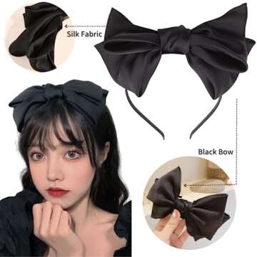 AIUPUOC French Black Hair Bow Headband for Girls Black Knot Bow Headbands for Thick Hair for Women B...