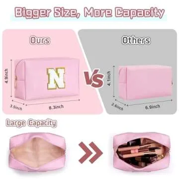 TOPEAST Dorm Room Essentials for Girls - Pink Initial Makeup Bag, College Essentials PU Leather Bag ...