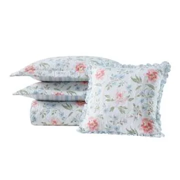 Laura Ashley - Quilt Set, Super Soft Bedding with Matching Shams, Includes Bonus Throw Pillow, Chic Room Decor (Emilie Blue, Full/Queen)