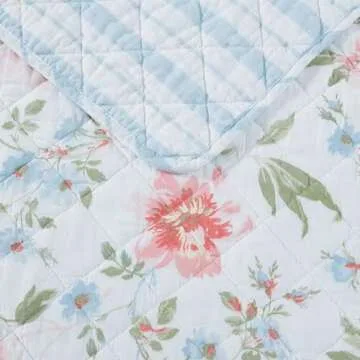 Laura Ashley - Quilt Set, Super Soft Bedding with Matching Shams, Includes Bonus Throw Pillow, Chic Room Decor (Emilie Blue, Full/Queen)