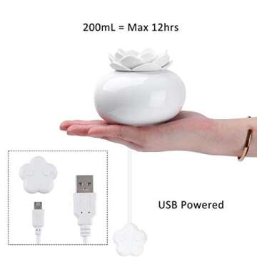 Vyaime Decor Essential Oil Diffuser, Ceramic Cute Personal Humidifiers Aromatherapy Difuser, 200mL 12Hours 7 Colors LED Light Auto Shut-Off for Office Bedroom Baby(White)