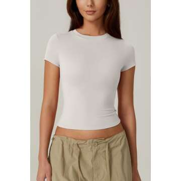QINSEN Women's Short Sleeve T Shirts Crew Neck Slim Fit Tops Sexy Basic Tee White M