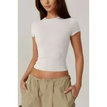 QINSEN Women's Short Sleeve T Shirts Crew Neck Slim Fit Tops Sexy Basic Tee White M