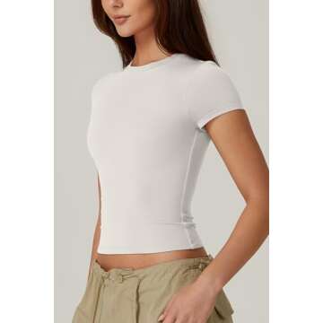 QINSEN Women's Short Sleeve T Shirts Crew Neck Slim Fit Tops Sexy Basic Tee White M
