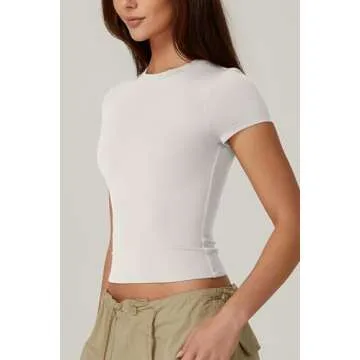 QINSEN Women's Short Sleeve T Shirts Crew Neck Slim Fit Tops Sexy Basic Tee White M