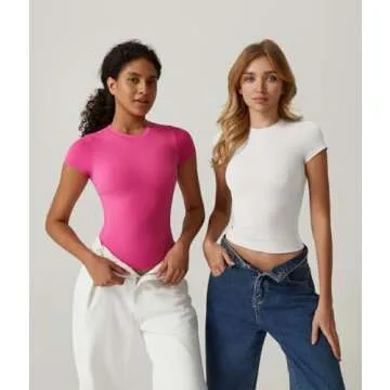 QINSEN Women's Short Sleeve T Shirts Crew Neck Slim Fit Tops Sexy Basic Tee White M