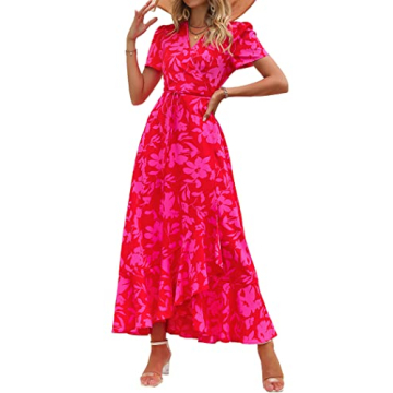PRETTYGARDEN Women's Summer Wrap Maxi Dress Casual Boho Floral V Neck Short Sleeve Ruffle Hem Split ...