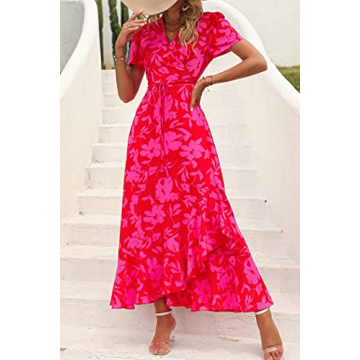 PRETTYGARDEN Women's Summer Wrap Maxi Dress Casual Boho Floral V Neck Short Sleeve Ruffle Hem Split Beach Long Dresses (Red Floral,Large)