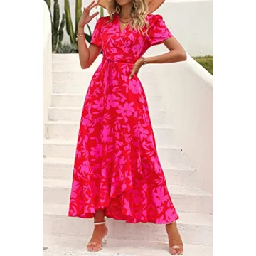 PRETTYGARDEN Women's Summer Wrap Maxi Dress Casual Boho Floral V Neck Short Sleeve Ruffle Hem Split Beach Long Dresses (Red Floral,Large)