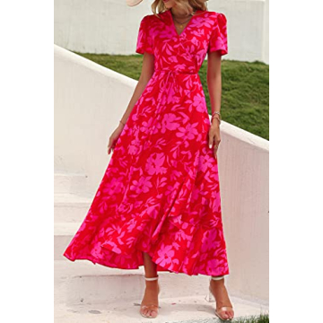 PRETTYGARDEN Women's Summer Wrap Maxi Dress Casual Boho Floral V Neck Short Sleeve Ruffle Hem Split Beach Long Dresses (Red Floral,Large)