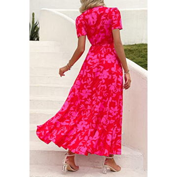 PRETTYGARDEN Women's Summer Wrap Maxi Dress Casual Boho Floral V Neck Short Sleeve Ruffle Hem Split Beach Long Dresses (Red Floral,Large)