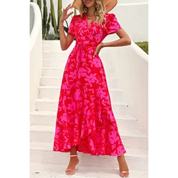 PRETTYGARDEN Women's Summer Wrap Maxi Dress Casual Boho Floral V Neck Short Sleeve Ruffle Hem Split Beach Long Dresses (Red Floral,Large)