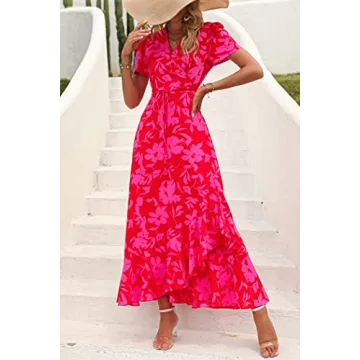 PRETTYGARDEN Women's Summer Wrap Maxi Dress Casual Boho Floral V Neck Short Sleeve Ruffle Hem Split Beach Long Dresses (Red Floral,Large)
