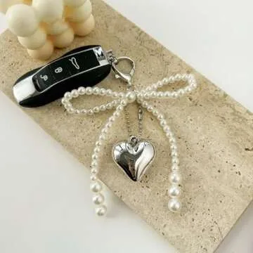 SMUOBT 2Pcs Cute Keychain Bow Keychain for Women, Pearl Bow Charms Aesthetic Bow Key Chains for Car Keys