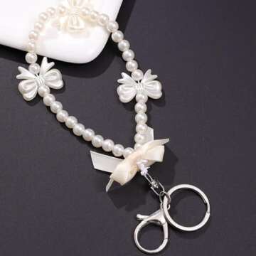 SMUOBT 2Pcs Cute Keychain Bow Keychain for Women, Pearl Bow Charms Aesthetic Bow Key Chains for Car Keys