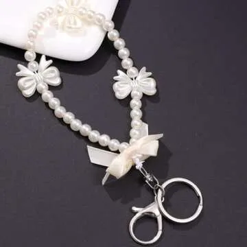 SMUOBT 2Pcs Cute Keychain Bow Keychain for Women, Pearl Bow Charms Aesthetic Bow Key Chains for Car Keys