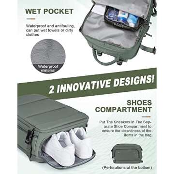 UPPACK Travel Backpack For Women Men Carry On Backpack Flight Approved Gym Bag With Shoe Compartment Hiking Waterproof Laptop Backpack College Essentials Olive Green…