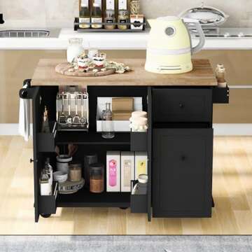 Ball & Cast Kitchen Island with Trash Can Storage Cabinet,Kitchen Cart W/ Drop Leaf,Spice Rack,Towel Rack and Drawers,Rolling Kitchen Islands on Wheels W/ Adjustable Shelf for Dining Room,Black