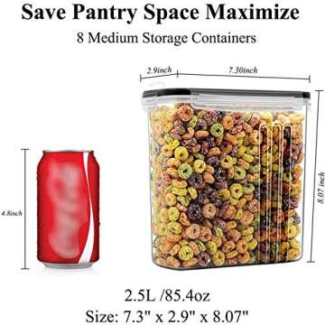 Wildone Cereal & Dry Food Storage Containers, Airtight Cereal Storage Containers Set of 8 [2.5L / 85.4oz] for Sugar, Flour, Snack, Baking Supplies, Leak-proof with Black Locking Lids