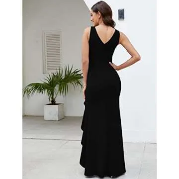 FQA Long Black Evening Gowns for Women Formal Dresses for Women Evening Party Elegant V Neck Sleeveless Split Wrap