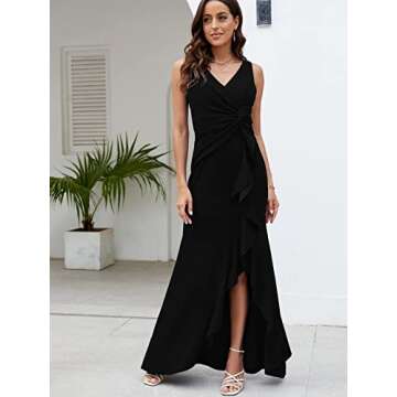 FQA Long Black Evening Gowns for Women Formal Dresses for Women Evening Party Elegant V Neck Sleeveless Split Wrap
