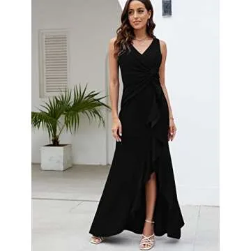 FQA Long Black Evening Gowns for Women Formal Dresses for Women Evening Party Elegant V Neck Sleeveless Split Wrap