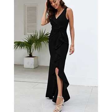 FQA Long Black Evening Gowns for Women Formal Dresses for Women Evening Party Elegant V Neck Sleeveless Split Wrap