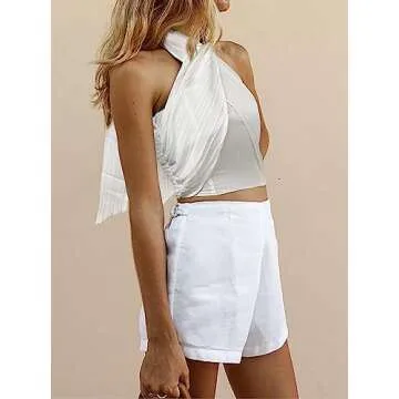 LCHLINY Women's Sexy Criss Cross Halter Sleeveless Wrap Front Textured Backless Cami Crop Top Clubbing White L Large