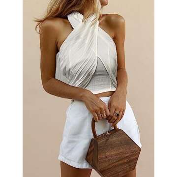LCHLINY Women's Sexy Criss Cross Halter Sleeveless Wrap Front Textured Backless Cami Crop Top Clubbing White L Large