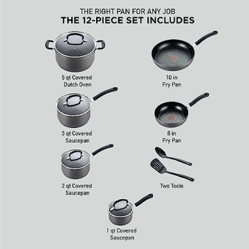 Durable T-fal Nonstick Cookware Set 12 Piece for Easy Cooking