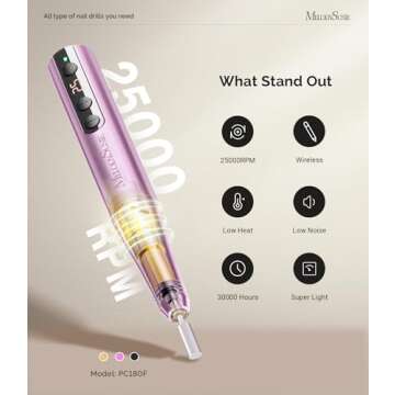 MelodySusie Cordless Electric Nail Drill Machine 11 in 1 Kit,PC180F 25000RPM Portable Rechargeable Nail Efile Set for Acrylic Gel Dip Powder Nails, 25 Speeds Manicure Pedicure Polishing Shape Tools