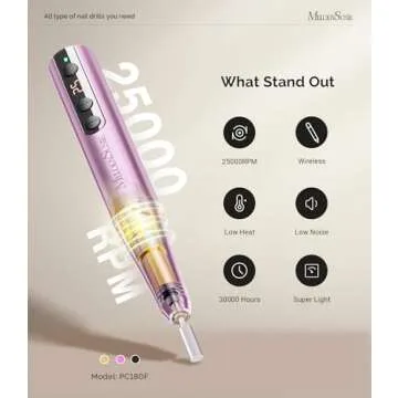 MelodySusie Cordless Electric Nail Drill Machine 11 in 1 Kit,PC180F 25000RPM Portable Rechargeable Nail Efile Set for Acrylic Gel Dip Powder Nails, 25 Speeds Manicure Pedicure Polishing Shape Tools