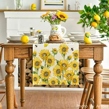 Artoid Mode Sunflower Butterfly Bee Hello Sunshine Summer Table Runner, Seasonal Kitchen Dining Tabl...