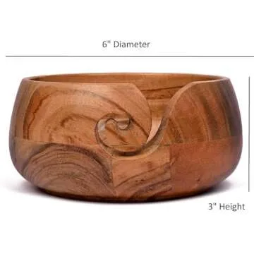Samhita Acacia Wood Wooden Yarn Bowl for Crocheting & Knitting Hand Made by Indian Artisans Birthday Gifts for Mom & Knitting Lovers (6" x 6" x 3")
