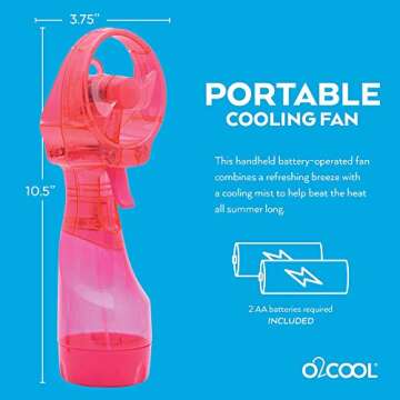 O2COOL Deluxe Handheld Battery Powered Water Misting Fan (Raspberry) Batteries Included