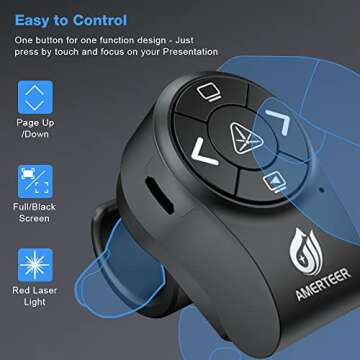 AMERTEER Wireless Presentation clicker for PowerPoint Presentations, RF 2.4GHz Finger Ring Remote, PPT Slides Clicker Pen Rechargeable