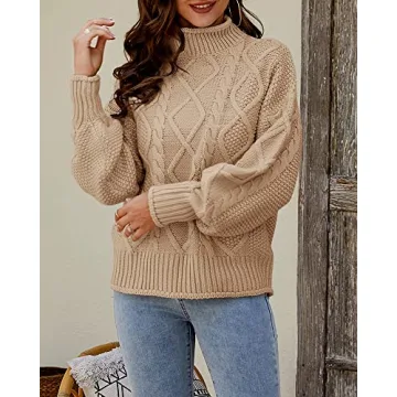 Womens Turtleneck Oversized Pullover Sweaters Cable Knit Batwing Long Sleeve Loose Fit Chunky Jumper Tops Khaki