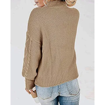 Womens Turtleneck Oversized Pullover Sweaters Cable Knit Batwing Long Sleeve Loose Fit Chunky Jumper Tops Khaki