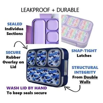 kinsho Camo & Unicorn Lunch Boxes for Boys Girls, 4 Compartment Bento-Box Lunch-Box for Kids Toddlers, School or Travel Snack Containers, Utensils, Rainbow Unicorns Blue Camouflage Set of 2