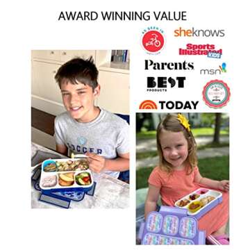 kinsho Camo & Unicorn Lunch Boxes for Boys Girls, 4 Compartment Bento-Box Lunch-Box for Kids Toddlers, School or Travel Snack Containers, Utensils, Rainbow Unicorns Blue Camouflage Set of 2