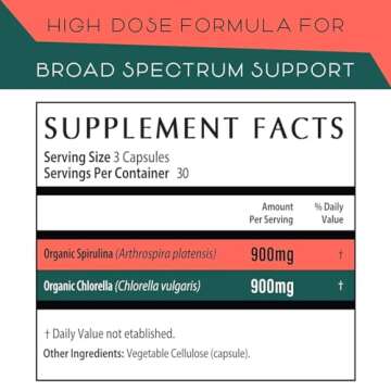 Teaveli Organic Spirulina and Chlorella Capsules – 180 Chlorophyll Pills, Blue Green Algae Powder ...
