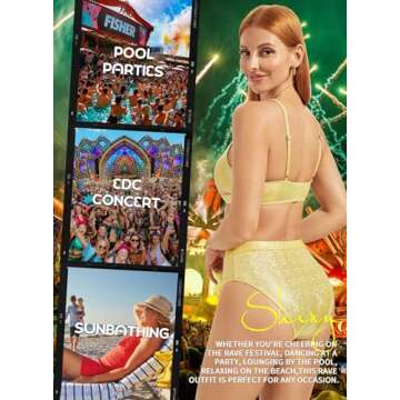 Glitter Rave Outfits for Women - Music Festival Metallic EDM Holographic Swimsuit Sexy Underboob Top Dance Bottom(Gold,L,1302a)