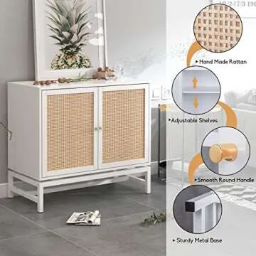 Goujxcy Set of 2 Rustic Buffet Sideboard Cabinet, Natural Rattan Coffee Bar Accent Storage Cabinet with Metal Frame, 2 Cane Doors, Wood Kitchen Sideboard Console Table for Dining Room, Living Room