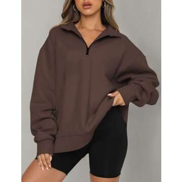 YLDUJ AMUM Quarter Zip Pullover Oversized Sweatshirt For Women Long Sleeve Drop Shoulder 1/4 Zipper Pullover Brown XXL