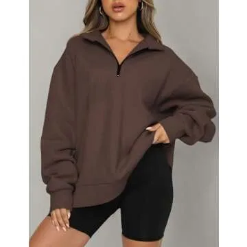 YLDUJ AMUM Quarter Zip Pullover Oversized Sweatshirt For Women Long Sleeve Drop Shoulder 1/4 Zipper Pullover Brown XXL
