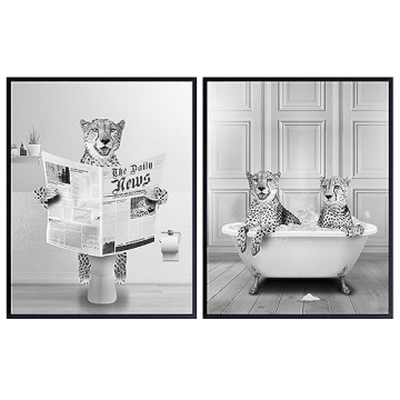 Cheetah Print Wall Art Black Bathroom Decor - Cute Cat Decorations Set for Modern Homes